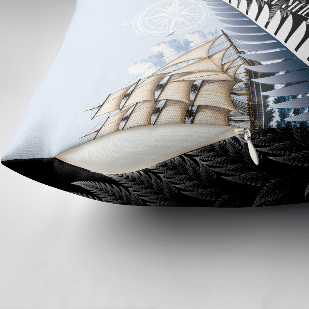 Personalised New Zealand Pakeha Pillow Cover Kiwi Silver Fern and Sailing Ship Compass LT14 - Polynesian Pride