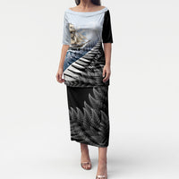Personalised New Zealand Pakeha Puletasi Kiwi Silver Fern and Sailing Ship Compass LT14 Long Dress Blue - Polynesian Pride