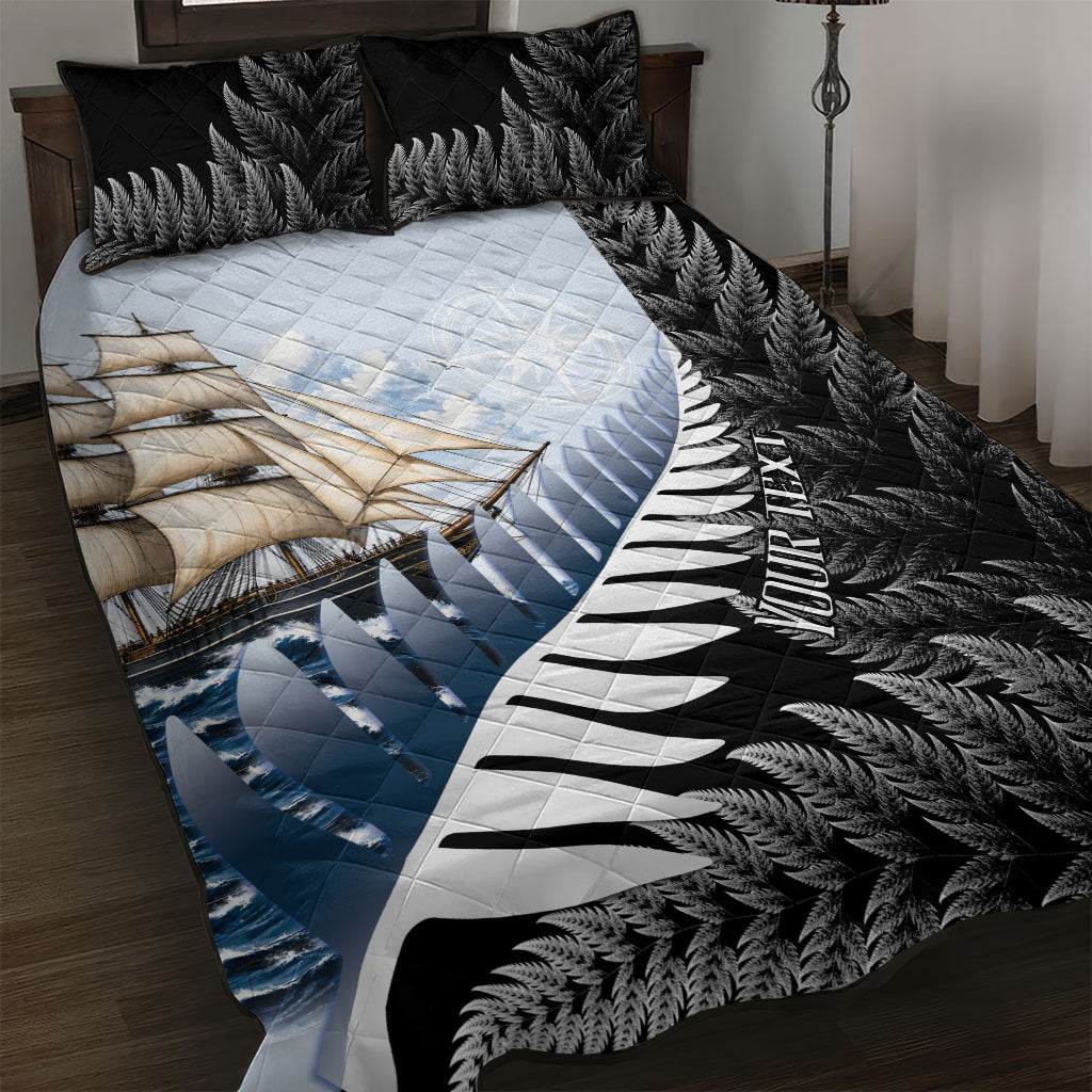 Personalised New Zealand Pakeha Quilt Bed Set Kiwi Silver Fern and Sailing Ship Compass LT14 Blue - Polynesian Pride