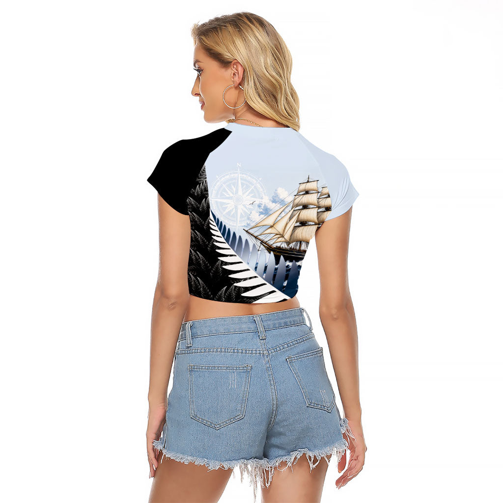 Personalised New Zealand Pakeha Raglan Cropped T Shirt Kiwi Silver Fern and Sailing Ship Compass LT14 - Polynesian Pride