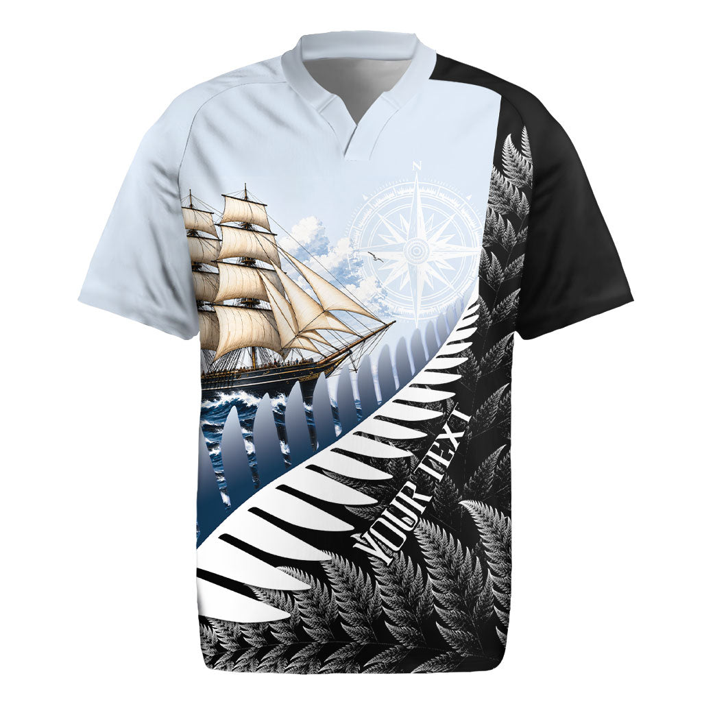 Personalised New Zealand Pakeha Rugby Jersey Kiwi Silver Fern and Sailing Ship Compass LT14 Blue - Polynesian Pride