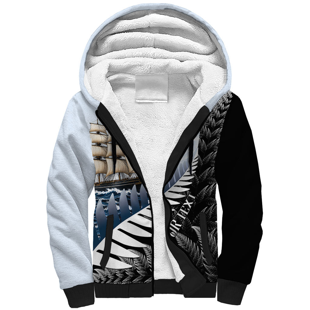 Personalised New Zealand Pakeha Sherpa Hoodie Kiwi Silver Fern and Sailing Ship Compass LT14 Unisex Blue - Polynesian Pride