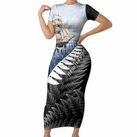 Personalised New Zealand Pakeha Short Sleeve Bodycon Dress Kiwi Silver Fern and Sailing Ship Compass LT14 Long Dress Blue - Polynesian Pride