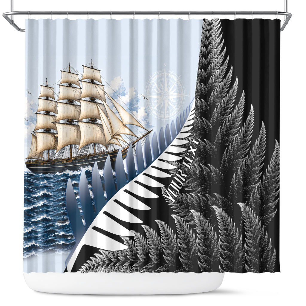 Personalised New Zealand Pakeha Shower Curtain Kiwi Silver Fern and Sailing Ship Compass LT14 Blue - Polynesian Pride