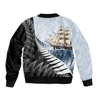 Personalised New Zealand Pakeha Sleeve Zip Bomber Jacket Kiwi Silver Fern and Sailing Ship Compass LT14 - Polynesian Pride