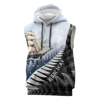 Personalised New Zealand Pakeha Sleeveless Hoodie Kiwi Silver Fern and Sailing Ship Compass LT14 Blue - Polynesian Pride