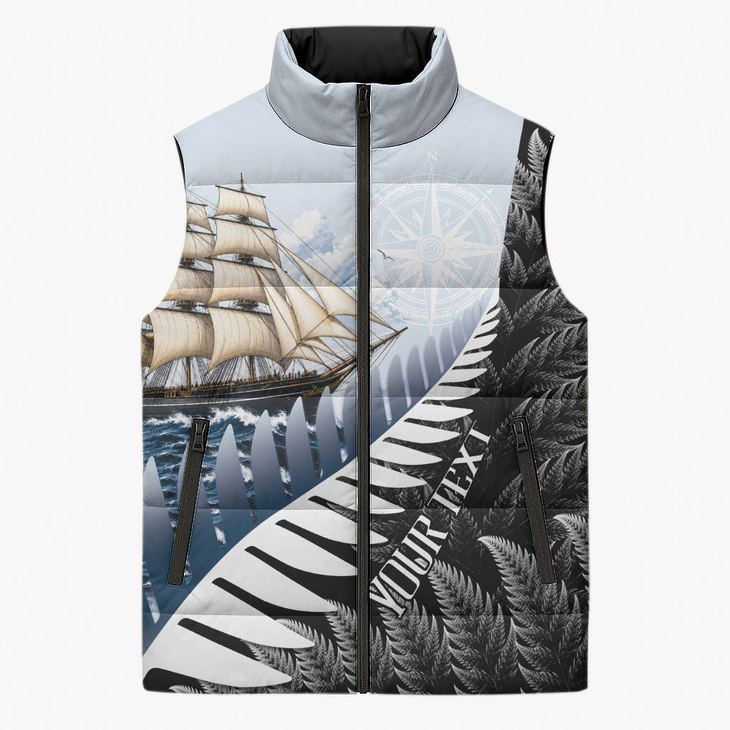 Personalised New Zealand Pakeha Sleeveless Puffer Jacket Kiwi Silver Fern and Sailing Ship Compass LT14 Unisex Blue - Polynesian Pride