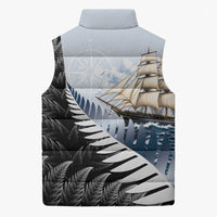Personalised New Zealand Pakeha Sleeveless Puffer Jacket Kiwi Silver Fern and Sailing Ship Compass LT14 - Polynesian Pride