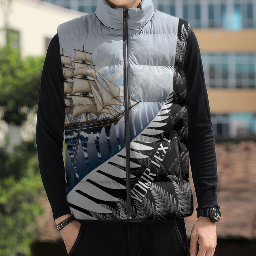 Personalised New Zealand Pakeha Sleeveless Puffer Jacket Kiwi Silver Fern and Sailing Ship Compass LT14 - Polynesian Pride