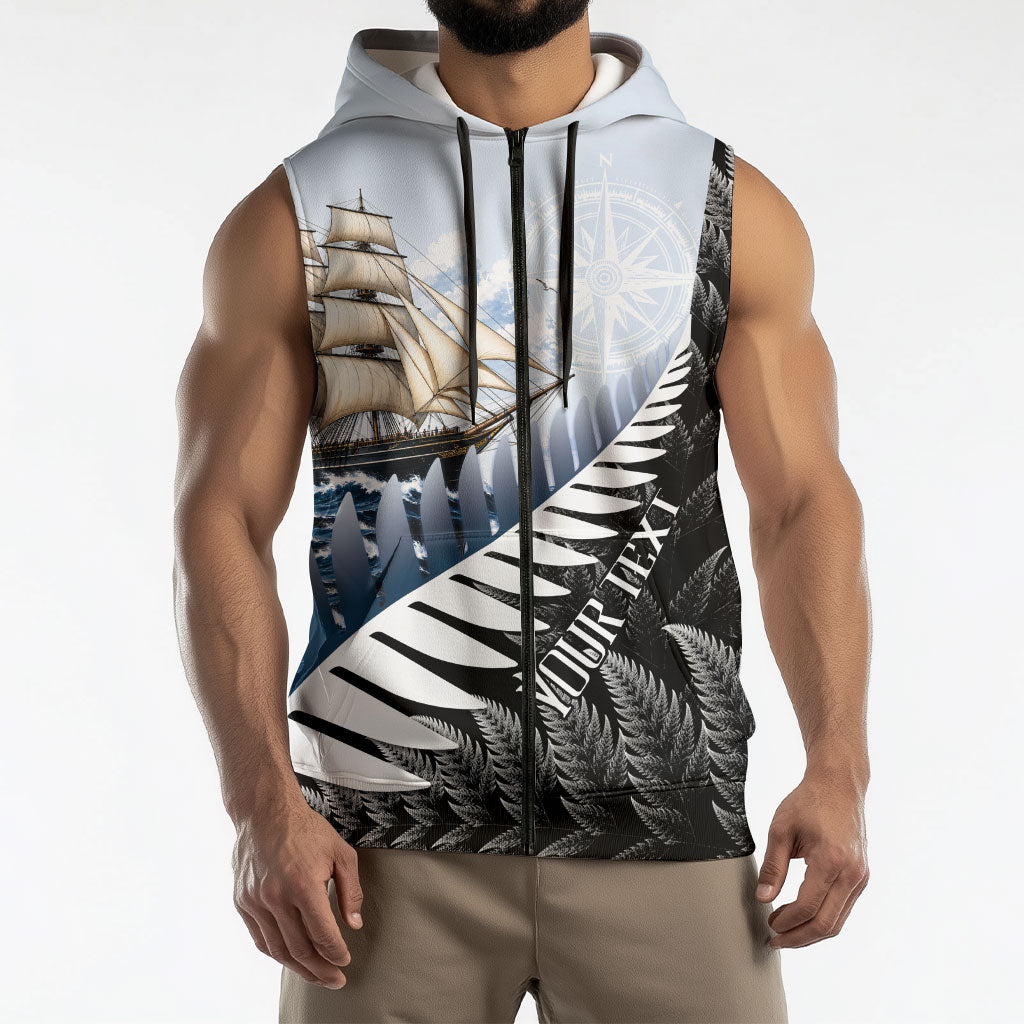 Personalised New Zealand Pakeha Sleeveless Zip Hoodie Kiwi Silver Fern and Sailing Ship Compass LT14 - Polynesian Pride