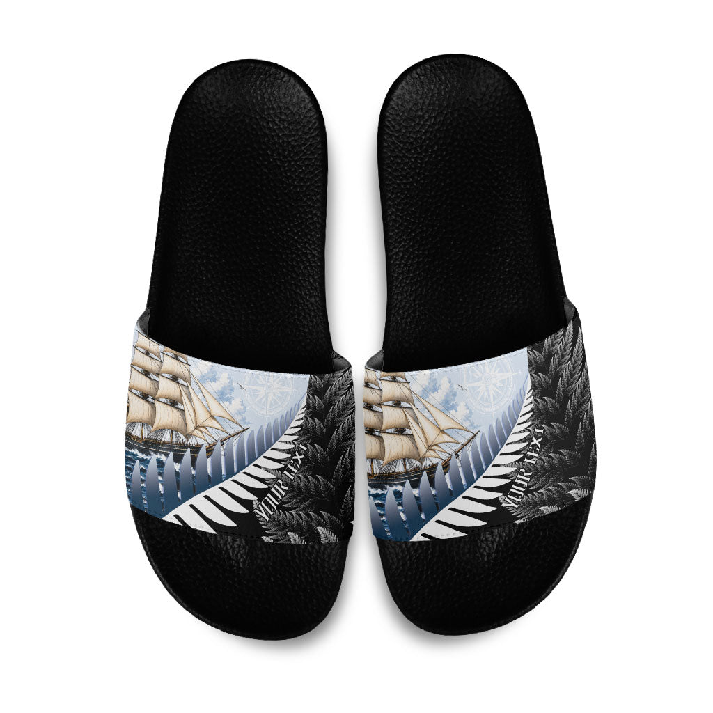 Personalised New Zealand Pakeha Slide Sandals Kiwi Silver Fern and Sailing Ship Compass LT14 Blue - Polynesian Pride