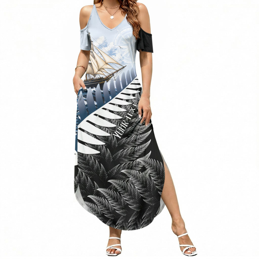 Personalised New Zealand Pakeha Summer Maxi Dress Kiwi Silver Fern and Sailing Ship Compass LT14 Women Blue - Polynesian Pride