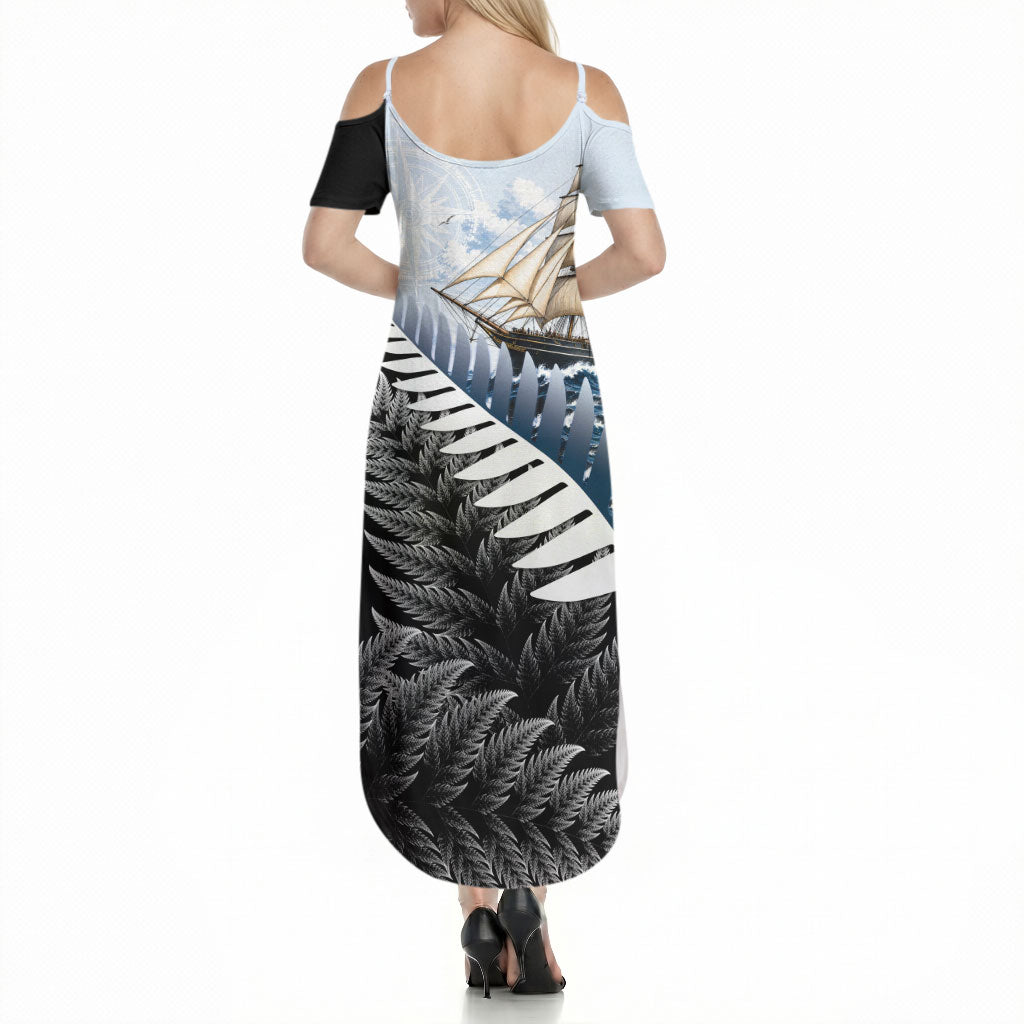 Personalised New Zealand Pakeha Summer Maxi Dress Kiwi Silver Fern and Sailing Ship Compass LT14 - Polynesian Pride