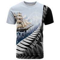 Personalised New Zealand Pakeha T Shirt Kiwi Silver Fern and Sailing Ship Compass LT14 Blue - Polynesian Pride