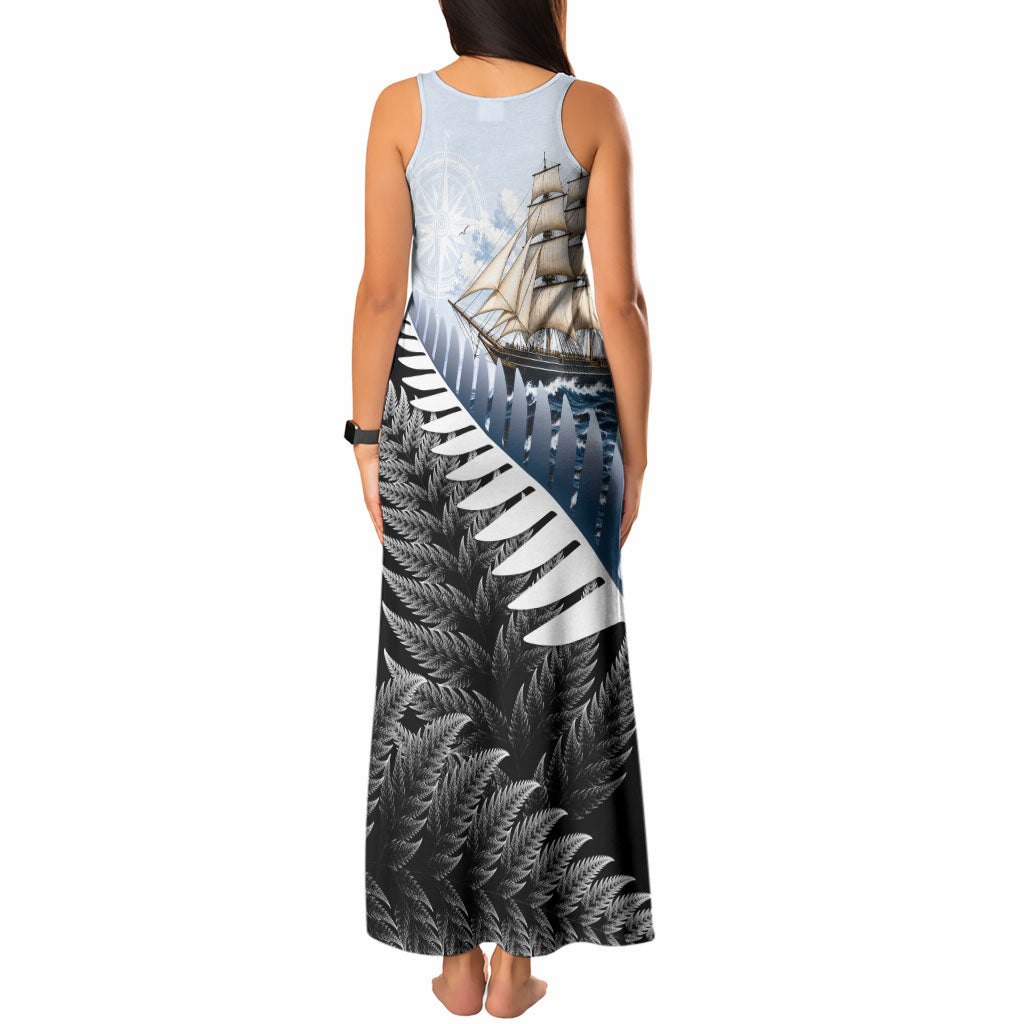 Personalised New Zealand Pakeha Tank Maxi Dress Kiwi Silver Fern and Sailing Ship Compass LT14 - Polynesian Pride