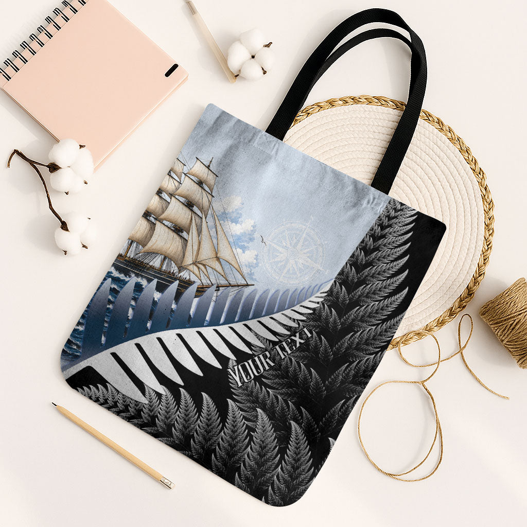 Personalised New Zealand Pakeha Tote Bag Kiwi Silver Fern and Sailing Ship Compass LT14 Black Strap One Size Blue - Polynesian Pride