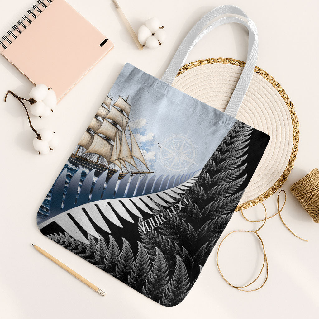 Personalised New Zealand Pakeha Tote Bag Kiwi Silver Fern and Sailing Ship Compass LT14 White Strap One Size Blue - Polynesian Pride