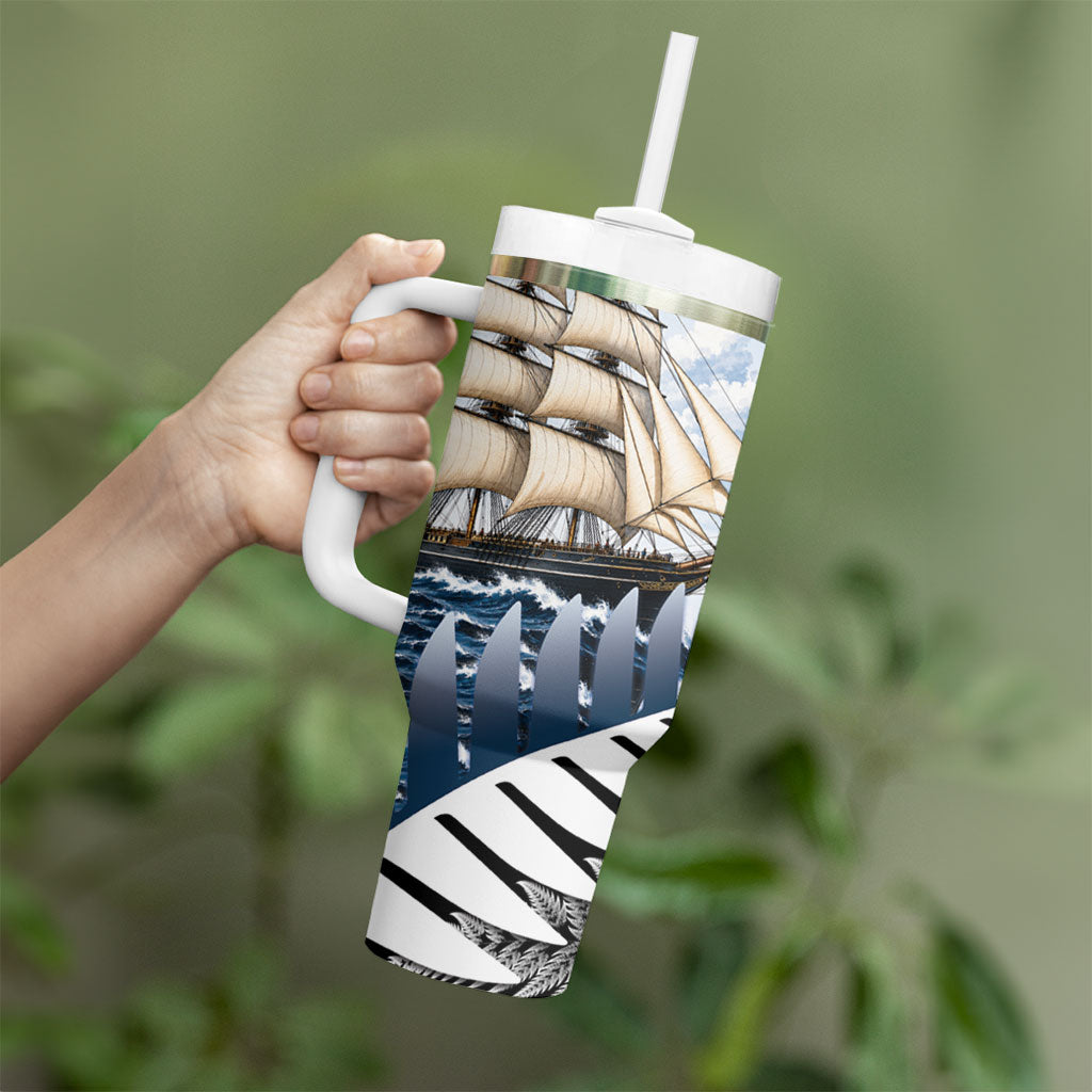 Personalised New Zealand Pakeha Tumbler With Handle Kiwi Silver Fern and Sailing Ship Compass LT14 - Polynesian Pride