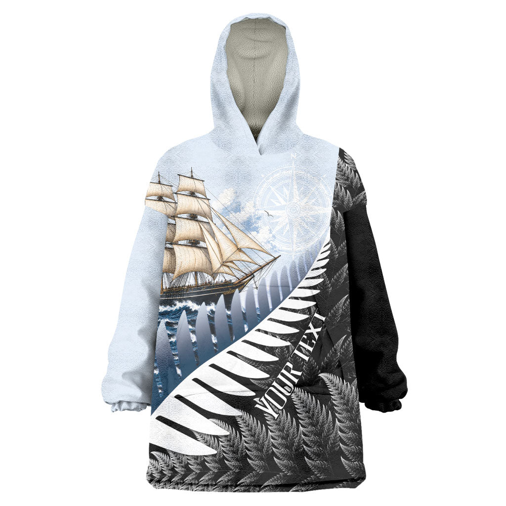Personalised New Zealand Pakeha Wearable Blanket Hoodie Kiwi Silver Fern and Sailing Ship Compass LT14 One Size Blue - Polynesian Pride