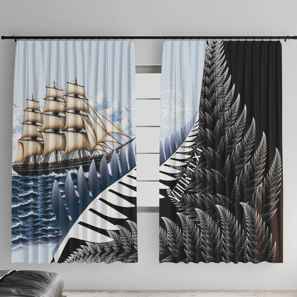Personalised New Zealand Pakeha Window Curtain Kiwi Silver Fern and Sailing Ship Compass LT14 With Hooks Blue - Polynesian Pride
