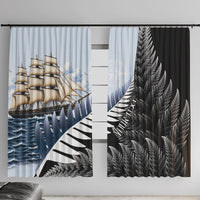 Personalised New Zealand Pakeha Window Curtain Kiwi Silver Fern and Sailing Ship Compass LT14 With Hooks Blue - Polynesian Pride