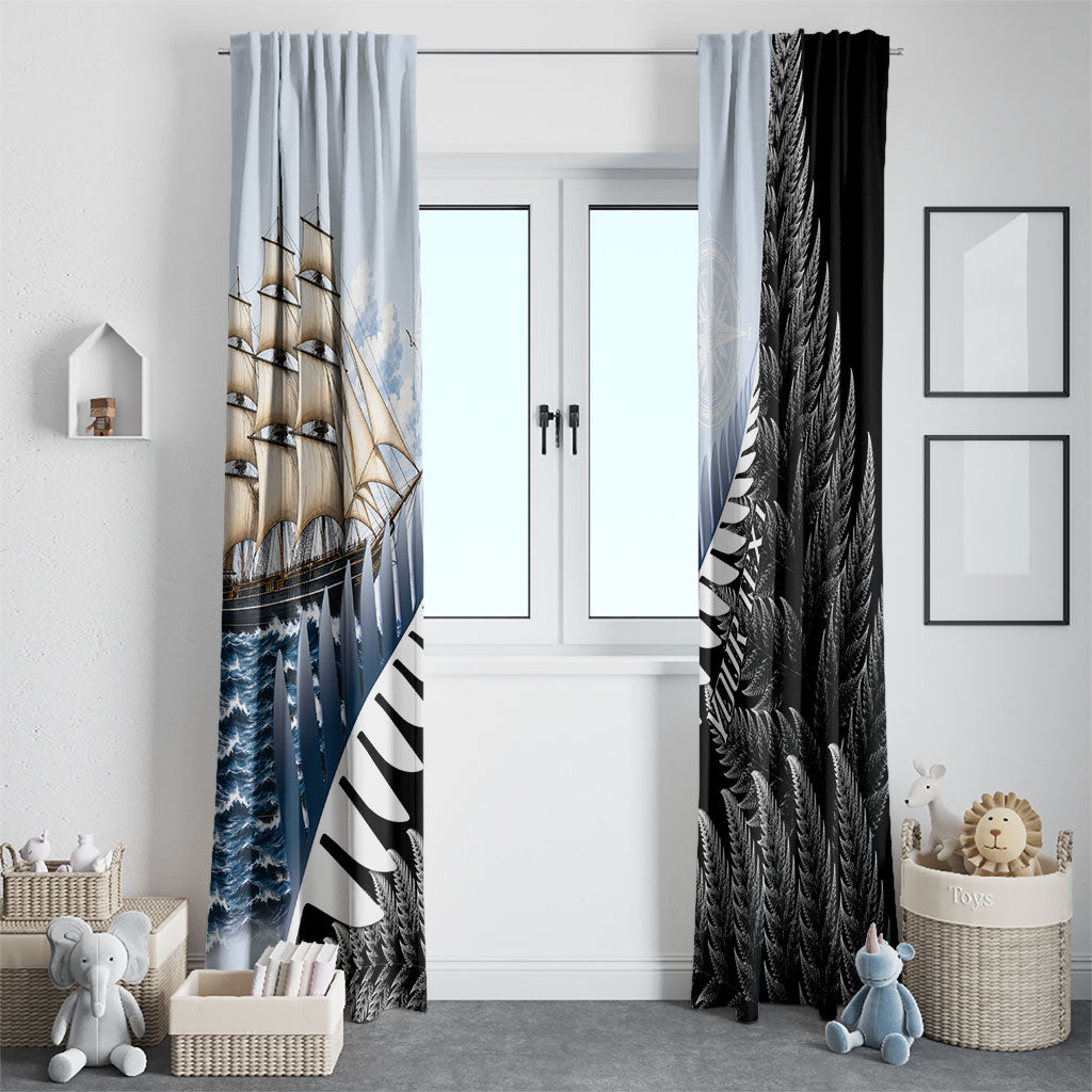 Personalised New Zealand Pakeha Window Curtain Kiwi Silver Fern and Sailing Ship Compass LT14 - Polynesian Pride