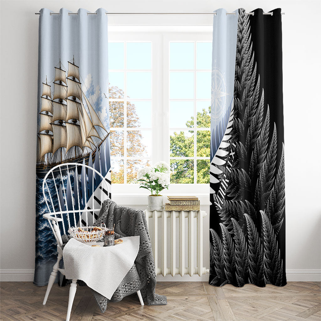 Personalised New Zealand Pakeha Window Curtain Kiwi Silver Fern and Sailing Ship Compass LT14 - Polynesian Pride