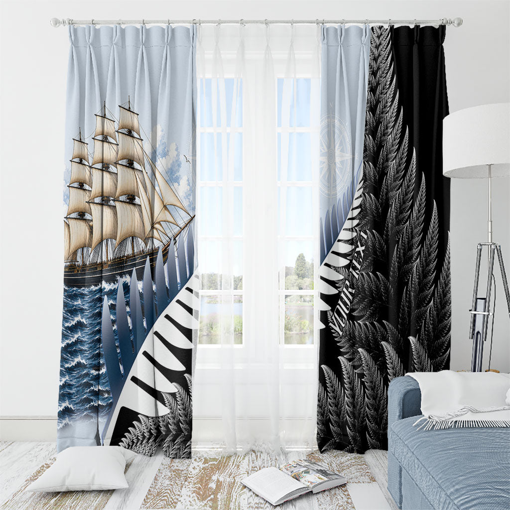 Personalised New Zealand Pakeha Window Curtain Kiwi Silver Fern and Sailing Ship Compass LT14 - Polynesian Pride