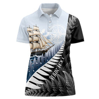 Personalised New Zealand Pakeha Women Polo Shirt Kiwi Silver Fern and Sailing Ship Compass LT14 Female Blue - Polynesian Pride