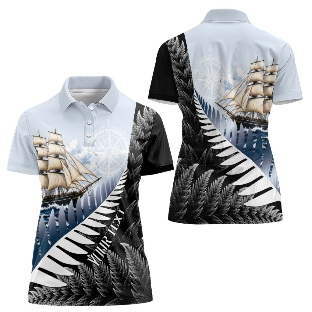 Personalised New Zealand Pakeha Women Polo Shirt Kiwi Silver Fern and Sailing Ship Compass LT14 - Polynesian Pride