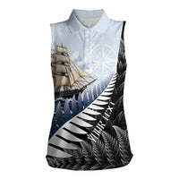Personalised New Zealand Pakeha Women Sleeveless Polo Shirt Kiwi Silver Fern and Sailing Ship Compass LT14 Female Blue - Polynesian Pride