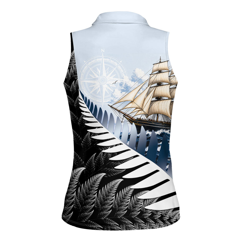 Personalised New Zealand Pakeha Women Sleeveless Polo Shirt Kiwi Silver Fern and Sailing Ship Compass LT14 - Polynesian Pride