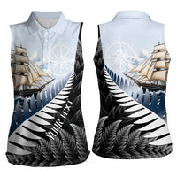 Personalised New Zealand Pakeha Women Sleeveless Polo Shirt Kiwi Silver Fern and Sailing Ship Compass LT14 - Polynesian Pride
