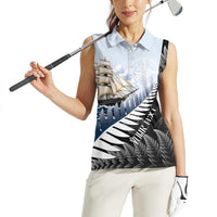 Personalised New Zealand Pakeha Women Sleeveless Polo Shirt Kiwi Silver Fern and Sailing Ship Compass LT14 - Polynesian Pride