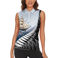 Personalised New Zealand Pakeha Women Sleeveless Polo Shirt Kiwi Silver Fern and Sailing Ship Compass LT14 - Polynesian Pride
