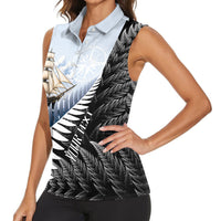 Personalised New Zealand Pakeha Women Sleeveless Polo Shirt Kiwi Silver Fern and Sailing Ship Compass LT14 - Polynesian Pride