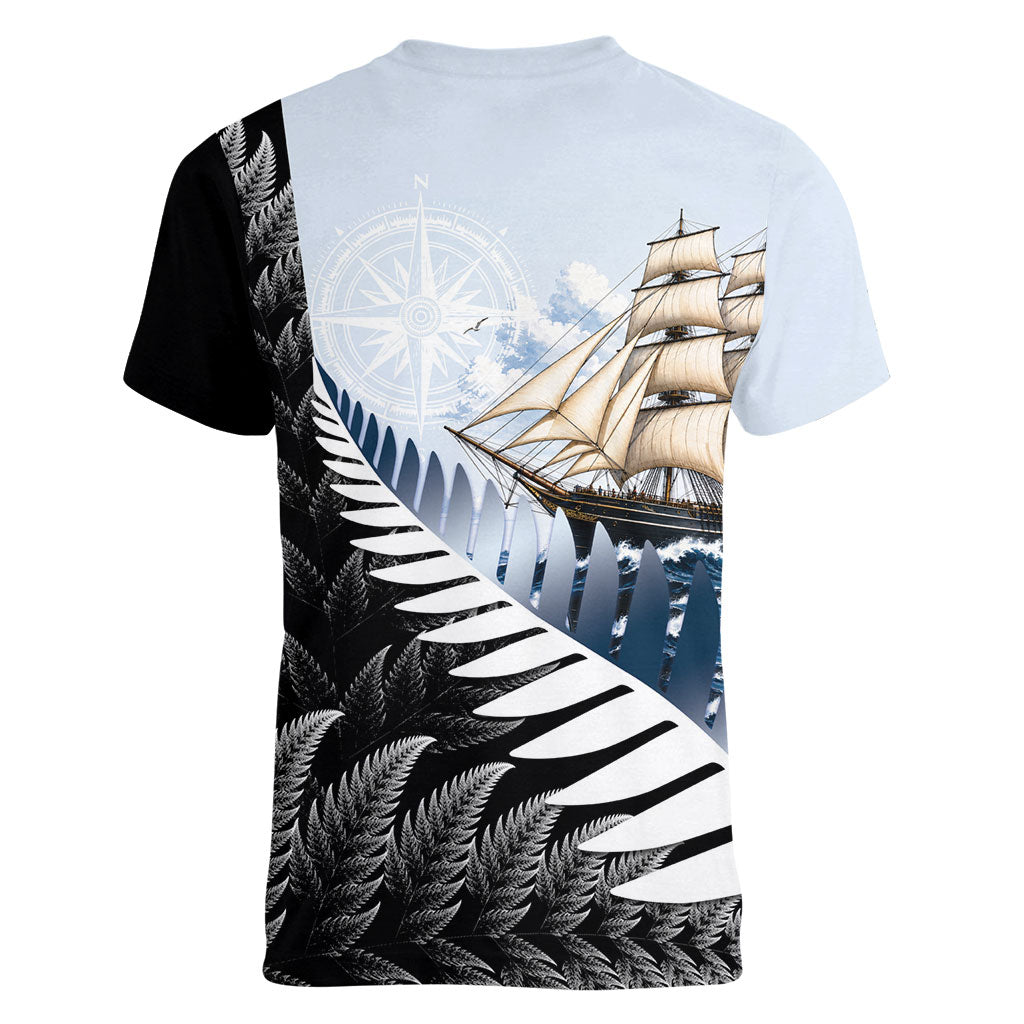 Personalised New Zealand Pakeha Women V-Neck T-Shirt Kiwi Silver Fern and Sailing Ship Compass LT14 - Polynesian Pride