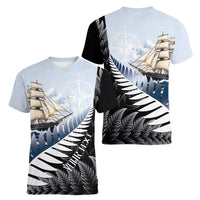Personalised New Zealand Pakeha Women V-Neck T-Shirt Kiwi Silver Fern and Sailing Ship Compass LT14 - Polynesian Pride