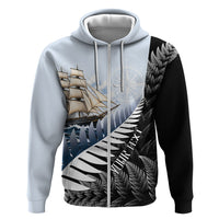 Personalised New Zealand Pakeha Zip Hoodie Kiwi Silver Fern and Sailing Ship Compass LT14 Zip Hoodie Blue - Polynesian Pride