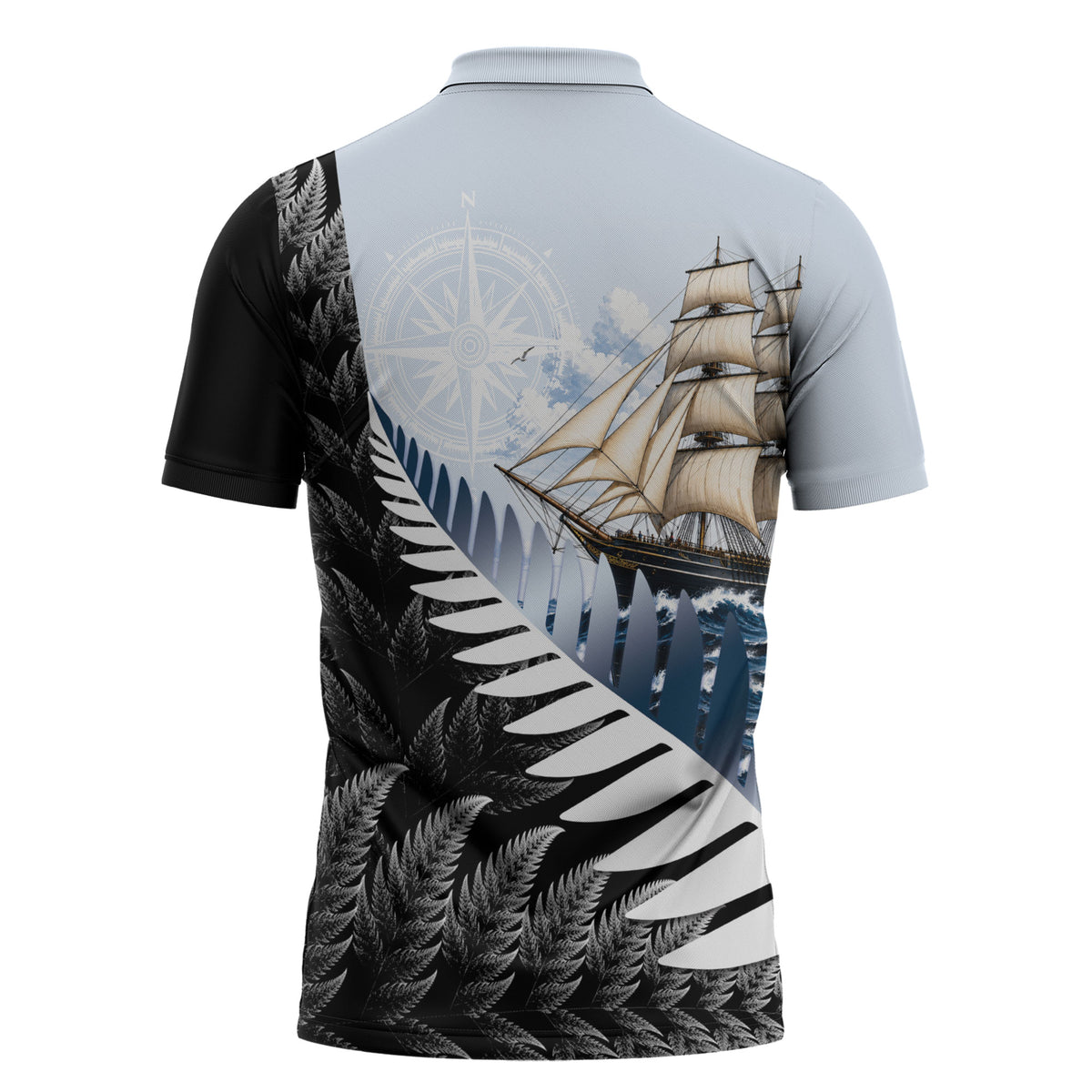 Personalised New Zealand Pakeha Zipper Polo Shirt Kiwi Silver Fern and Sailing Ship Compass LT14 - Polynesian Pride
