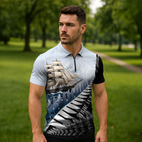 Personalised New Zealand Pakeha Zipper Polo Shirt Kiwi Silver Fern and Sailing Ship Compass LT14 - Polynesian Pride