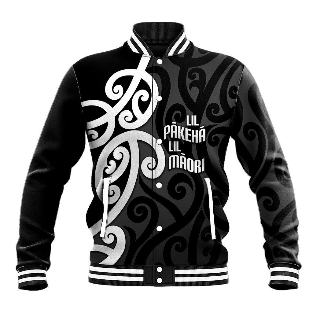 Lil Pakeha Lil Maori New Zealand Baseball Jacket Kiwi Proud Mangopare Pattern LT14 Unisex Black - Polynesian Pride