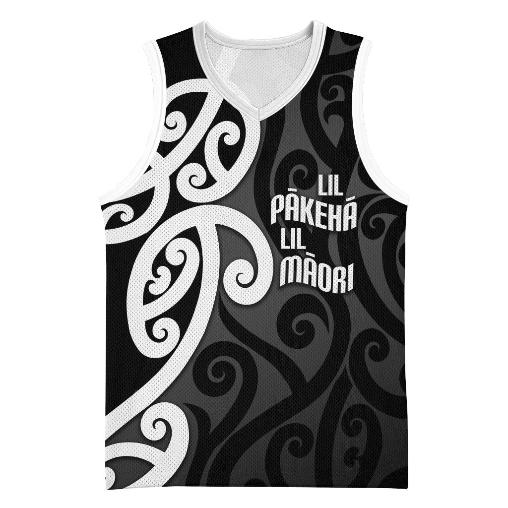 Lil Pakeha Lil Maori New Zealand Basketball Jersey Kiwi Proud Mangopare Pattern LT14 Unisex Black - Polynesian Pride