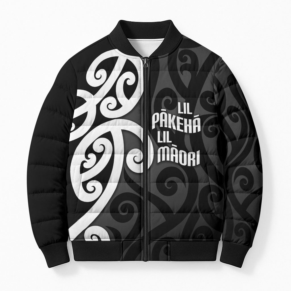 Lil Pakeha Lil Maori New Zealand Bomber Puffer Jacket Kiwi Proud Mangopare Pattern LT14 Unisex Black - Polynesian Pride