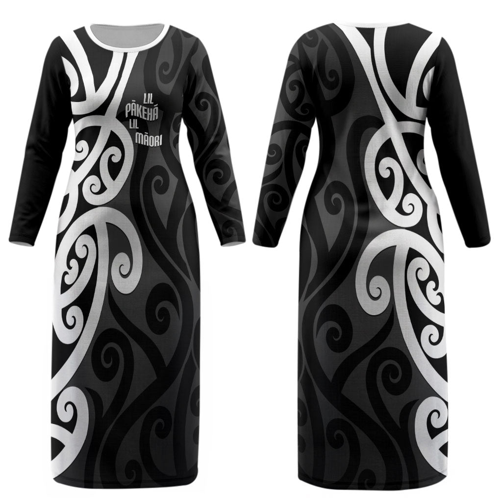 Lil Pakeha Lil Maori New Zealand Couples Matching Long Sleeve Bodycon Dress and Long Sleeve Button Shirt Kiwi Proud Mangopare Pattern LT14 - Polynesian Pride