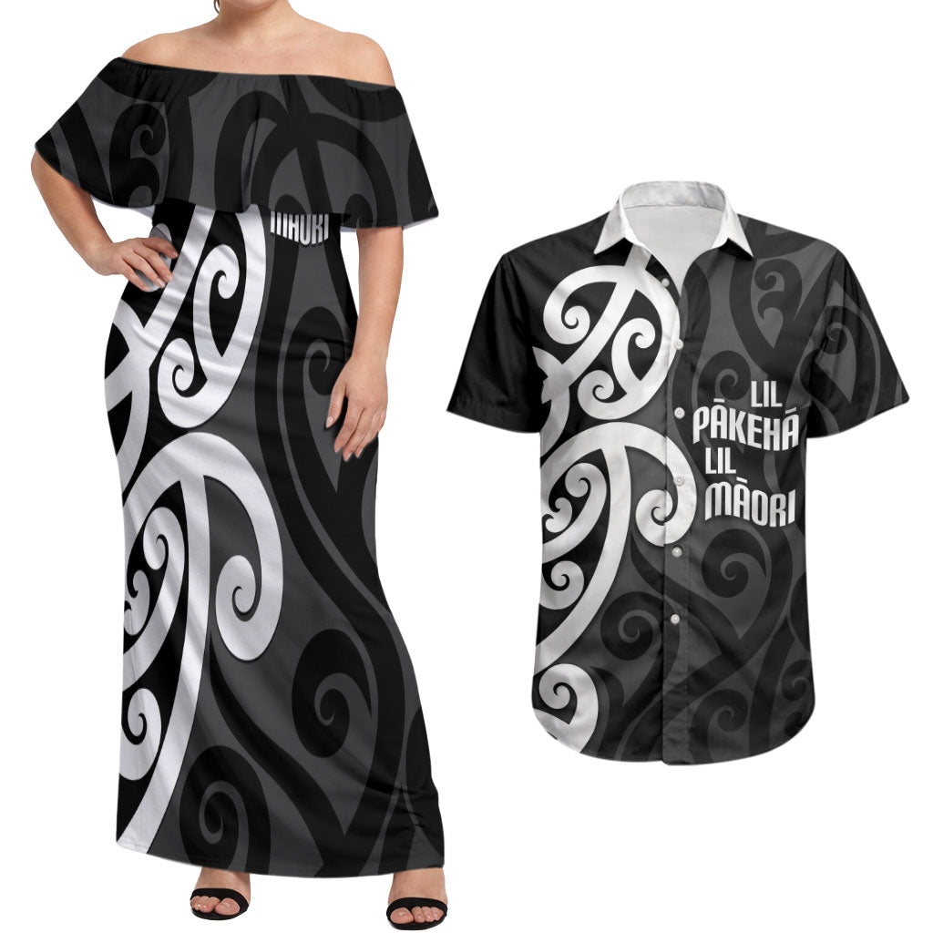 Lil Pakeha Lil Maori New Zealand Couples Matching Off Shoulder Maxi Dress and Hawaiian Shirt Kiwi Proud Mangopare Pattern LT14 Black - Polynesian Pride