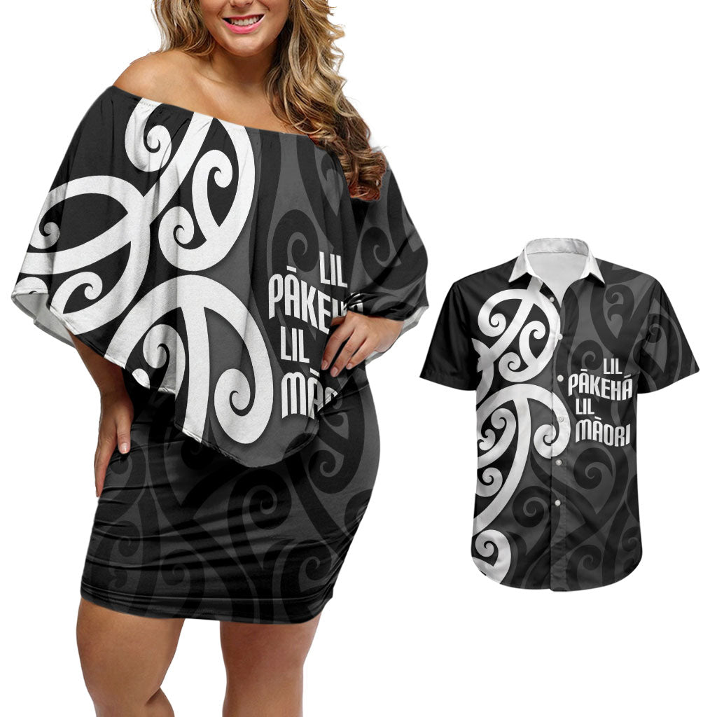 Lil Pakeha Lil Maori New Zealand Couples Matching Off Shoulder Short Dress and Hawaiian Shirt Kiwi Proud Mangopare Pattern LT14 Black - Polynesian Pride