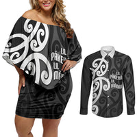 Lil Pakeha Lil Maori New Zealand Couples Matching Off Shoulder Short Dress and Long Sleeve Button Shirt Kiwi Proud Mangopare Pattern LT14 Black - Polynesian Pride