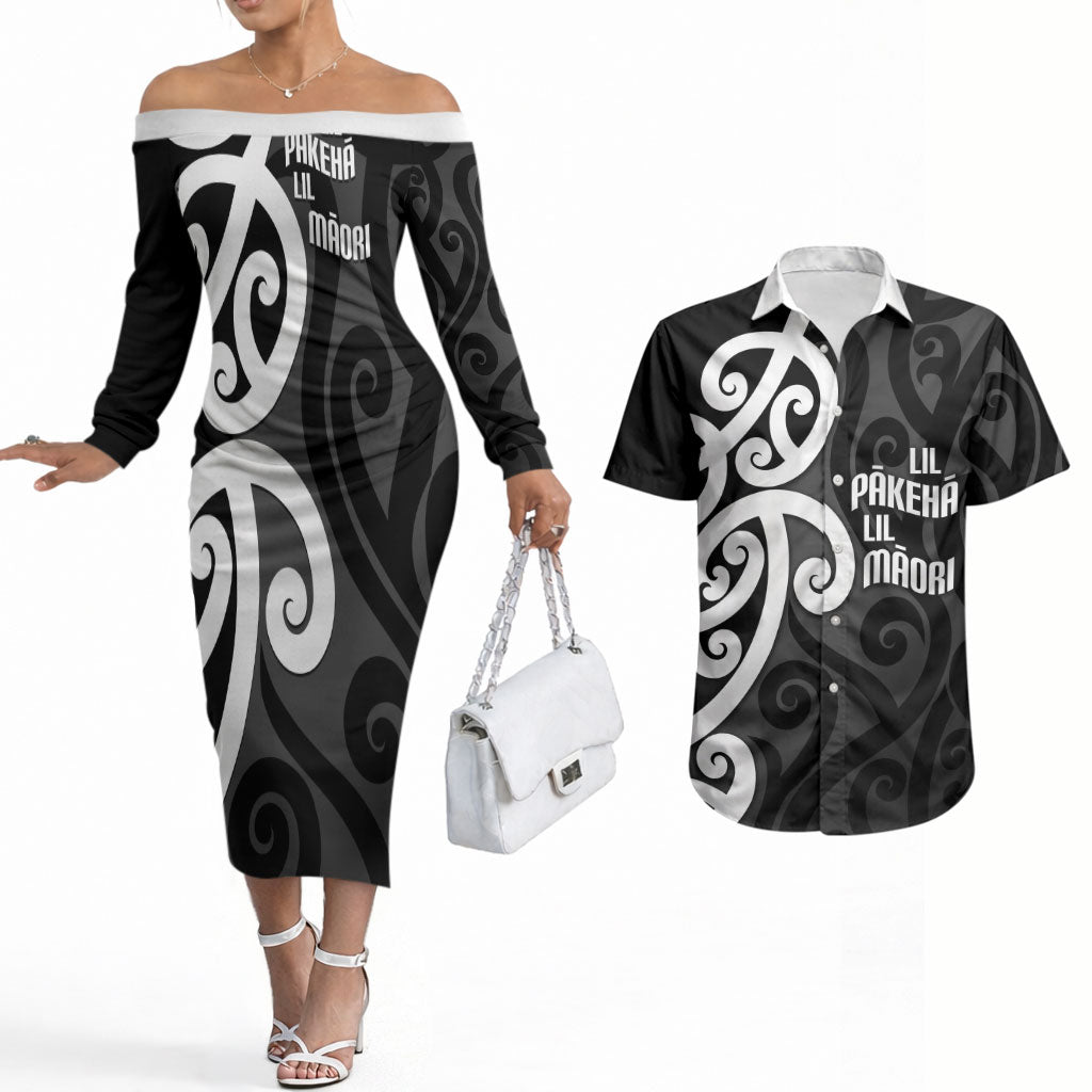 Lil Pakeha Lil Maori New Zealand Couples Matching Off The Shoulder Long Sleeve Dress and Hawaiian Shirt Kiwi Proud Mangopare Pattern LT14 Black - Polynesian Pride
