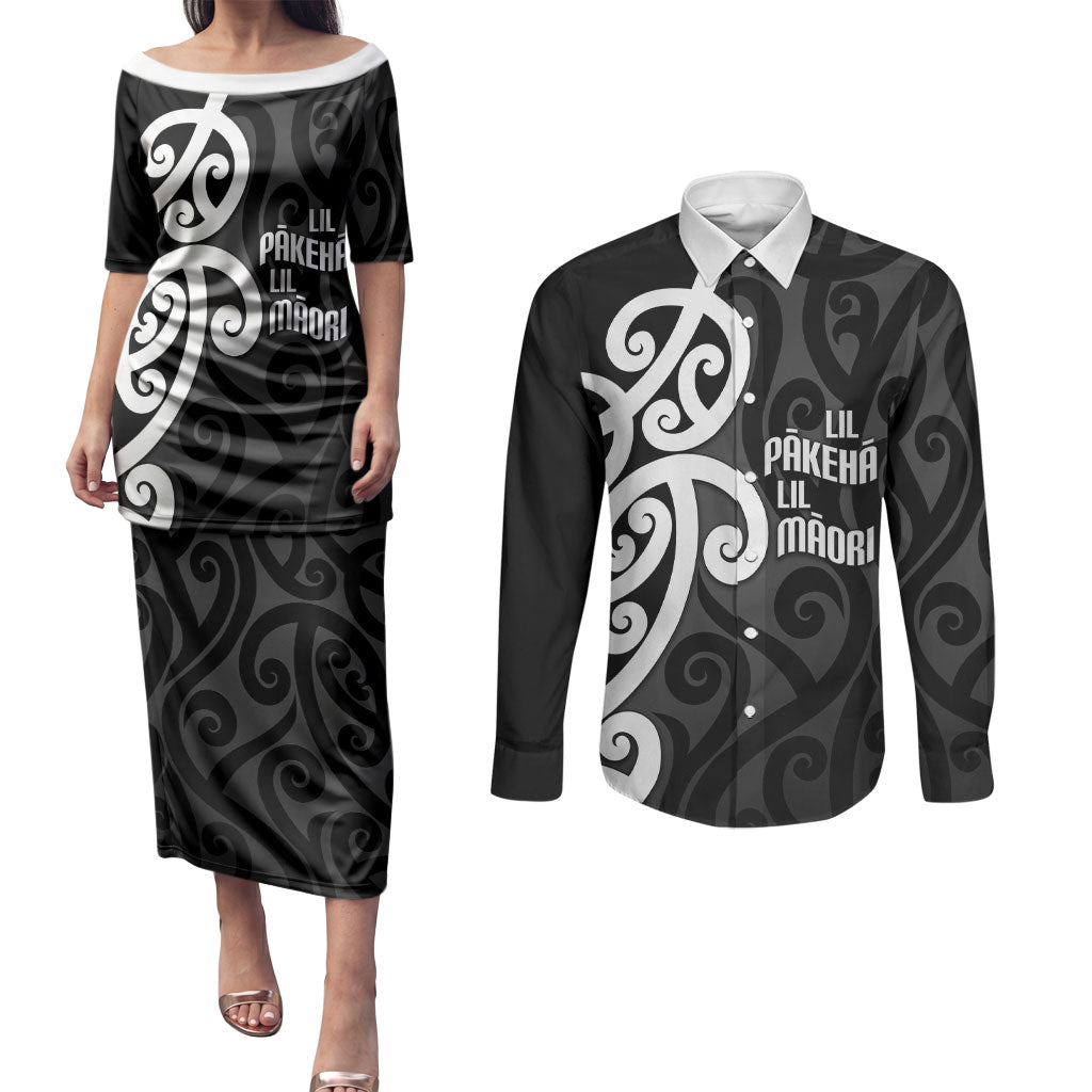Lil Pakeha Lil Maori New Zealand Couples Matching Puletasi and Long Sleeve Button Shirt Kiwi Proud Mangopare Pattern LT14 Black - Polynesian Pride